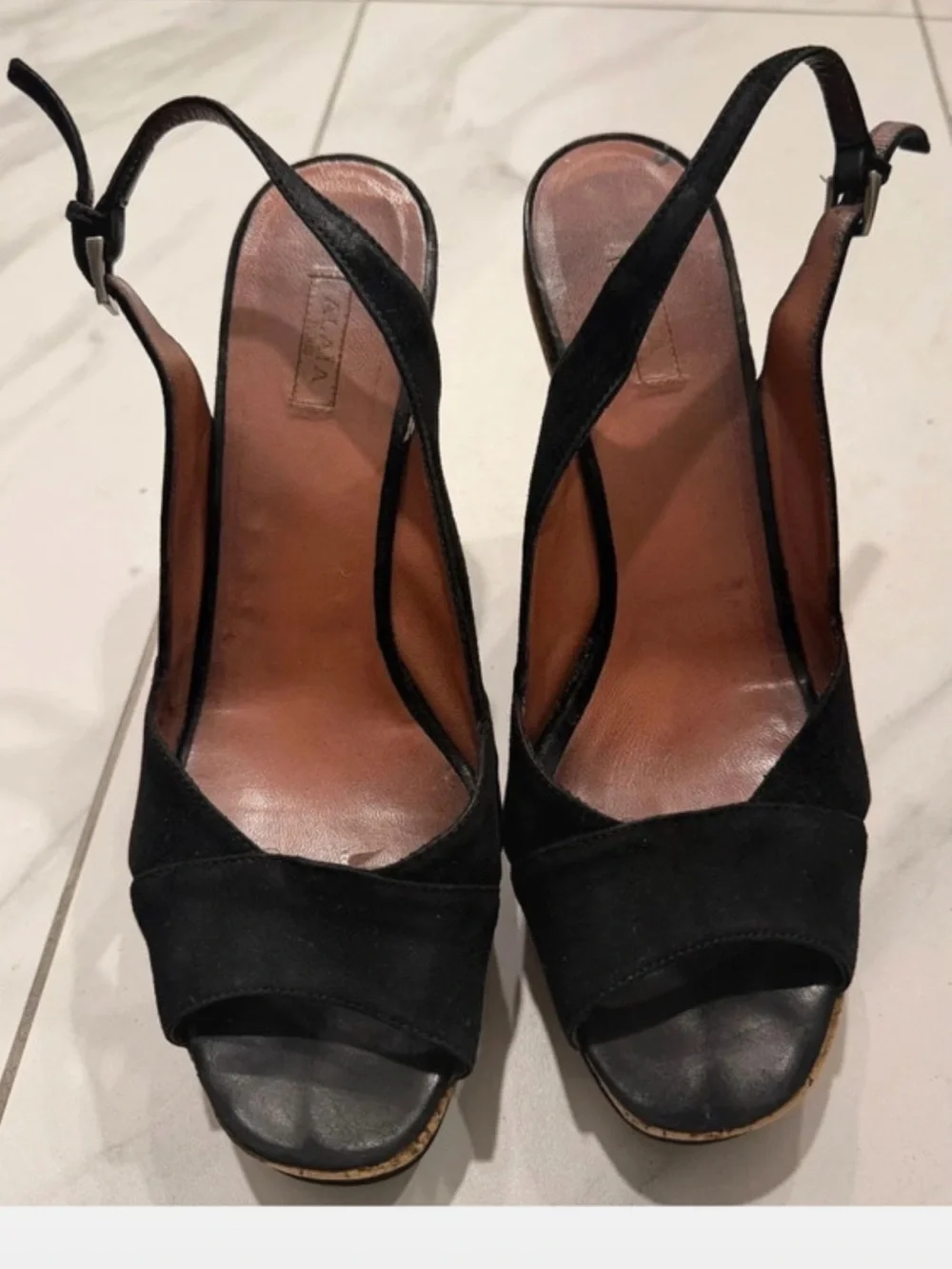 Alaia Black Cork Wedge Slingback Sandals